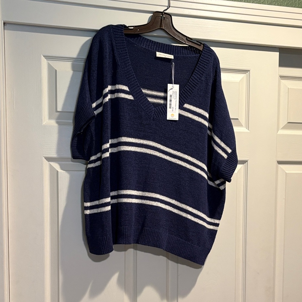 Women's Navy V-Neck Short Sleeve Striped Sweater